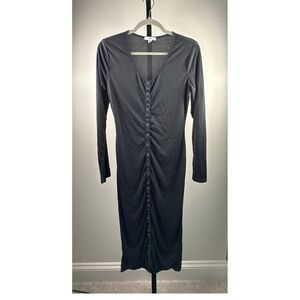 BP. Womens Midi Dress Size M Black Snap Button Front Ruched Long Sleeve Ribbed